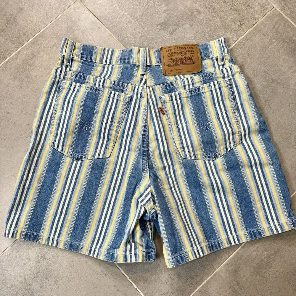 Vintage Levi's High Waist Orange Tab Striped Denim Shorts - Picture 1 of 9